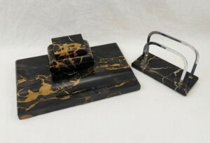 Art Deco Italian Portoro Marble Inkwell With Pen Rest And Letter Holder