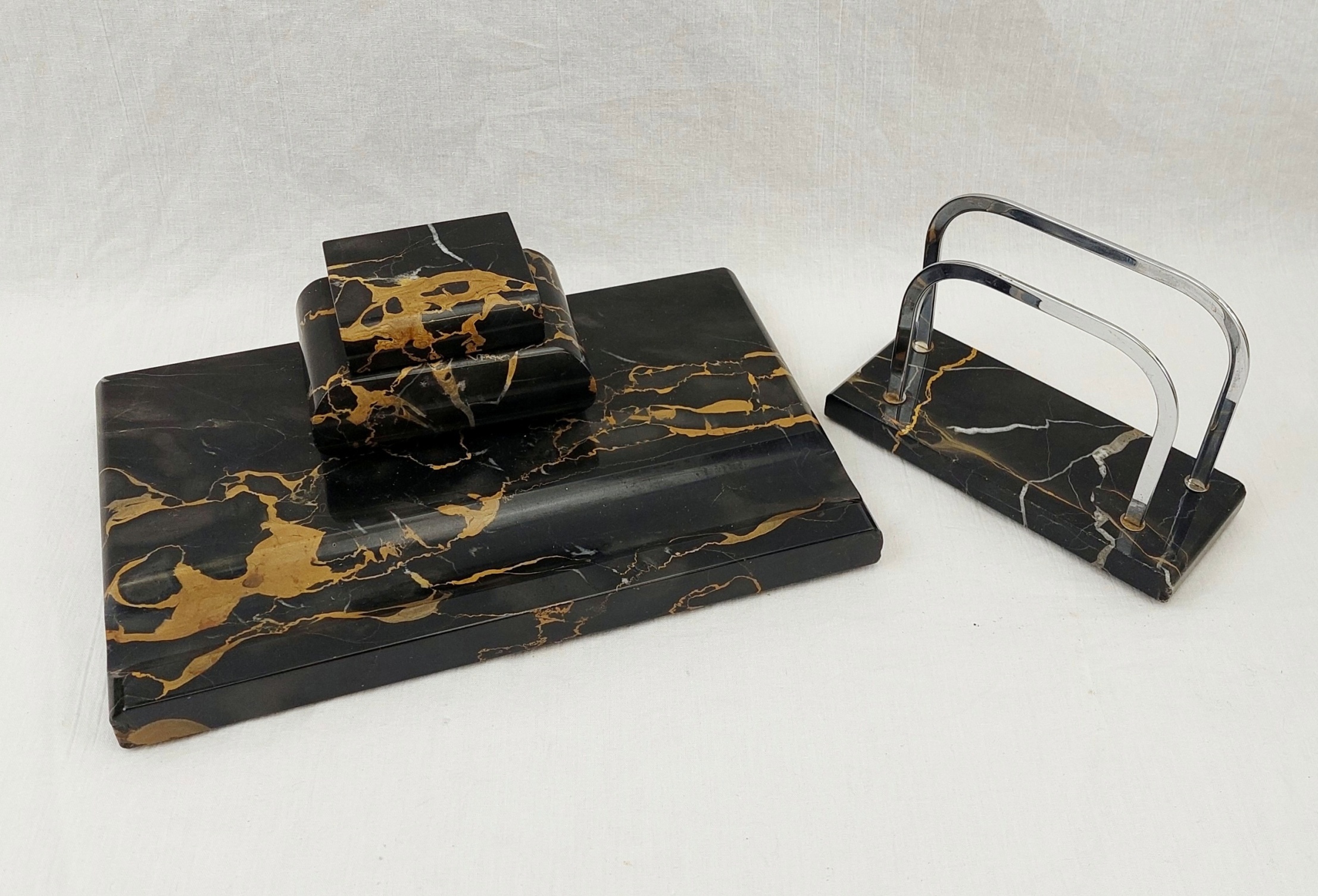 Art Deco Italian Portoro Marble Inkwell With Pen Rest And Letter Holder