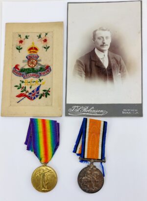 British, WW1, Medal Pair to 15999 Gunner J. H. Fuller, Royal Garrison Artillery, with Photograph & RGA Silk Postcard (4)