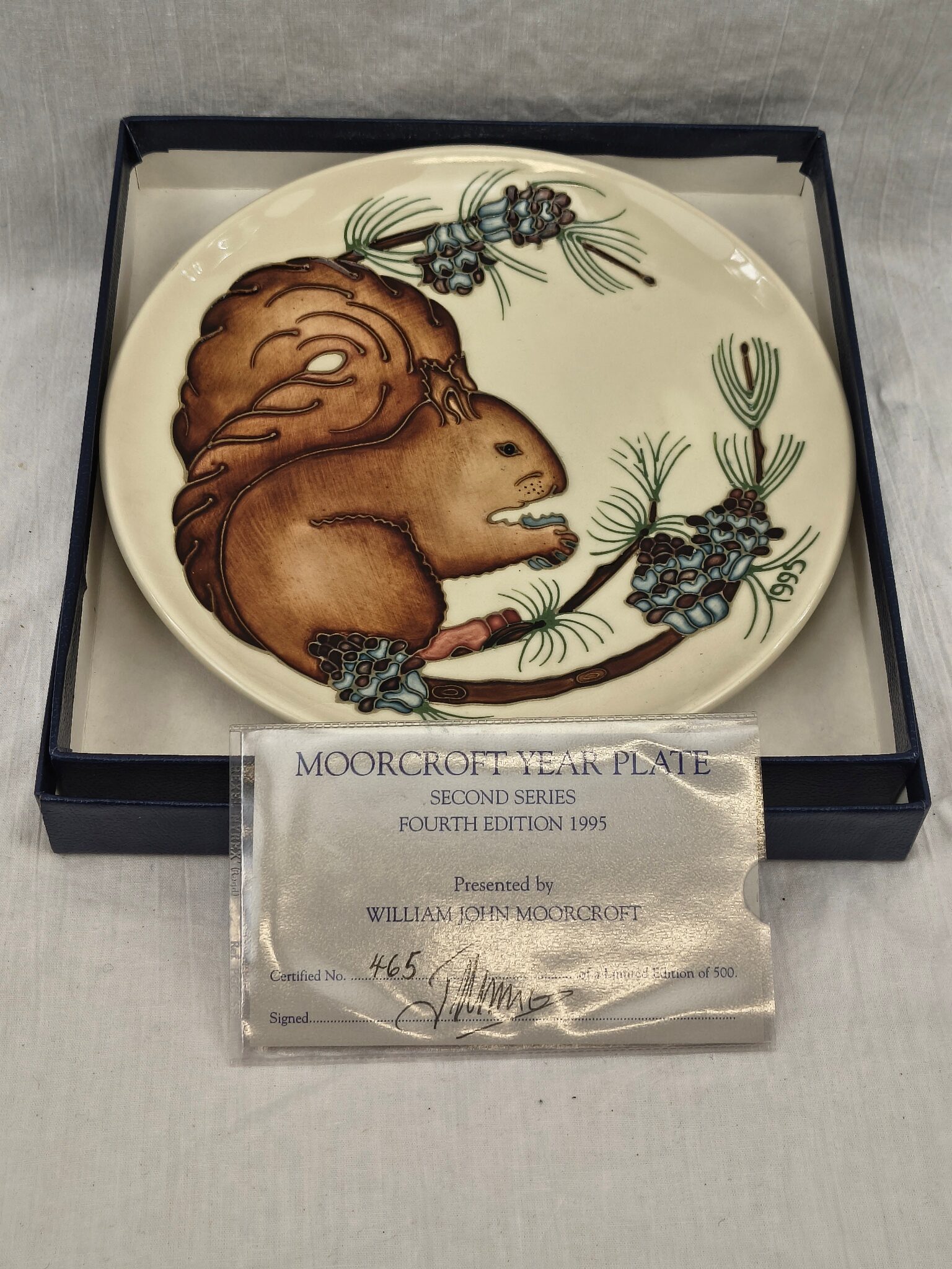 Boxed 1995 Moorcroft Pottery Year Plate Depicting A Squirrel