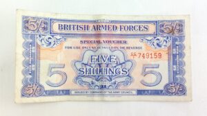 British, 1948 ND, British Armed Forces 5 Shilling Note, 2nd Series, Fine condition