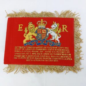 British, Blues & Royals Colours – Queen Elizabeth II, Hand-Embroidered Miniature (Bullion Work), Battle Honours Display Panel, Ceremonial Table Flag, Miniature Standard