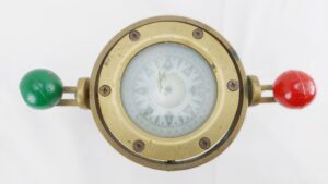 British, Mid-20th Century, Brass Gimballed Nautical Compass with Corrector Balls