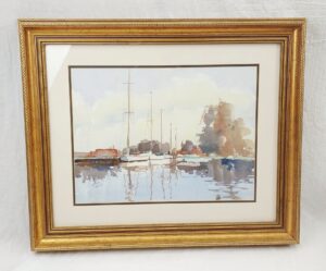Contemporary Watercolour Of Moored Yachts