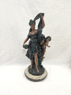 Edwardian Painted Spelter Lady And Cherub Group Statue On A Marble Base