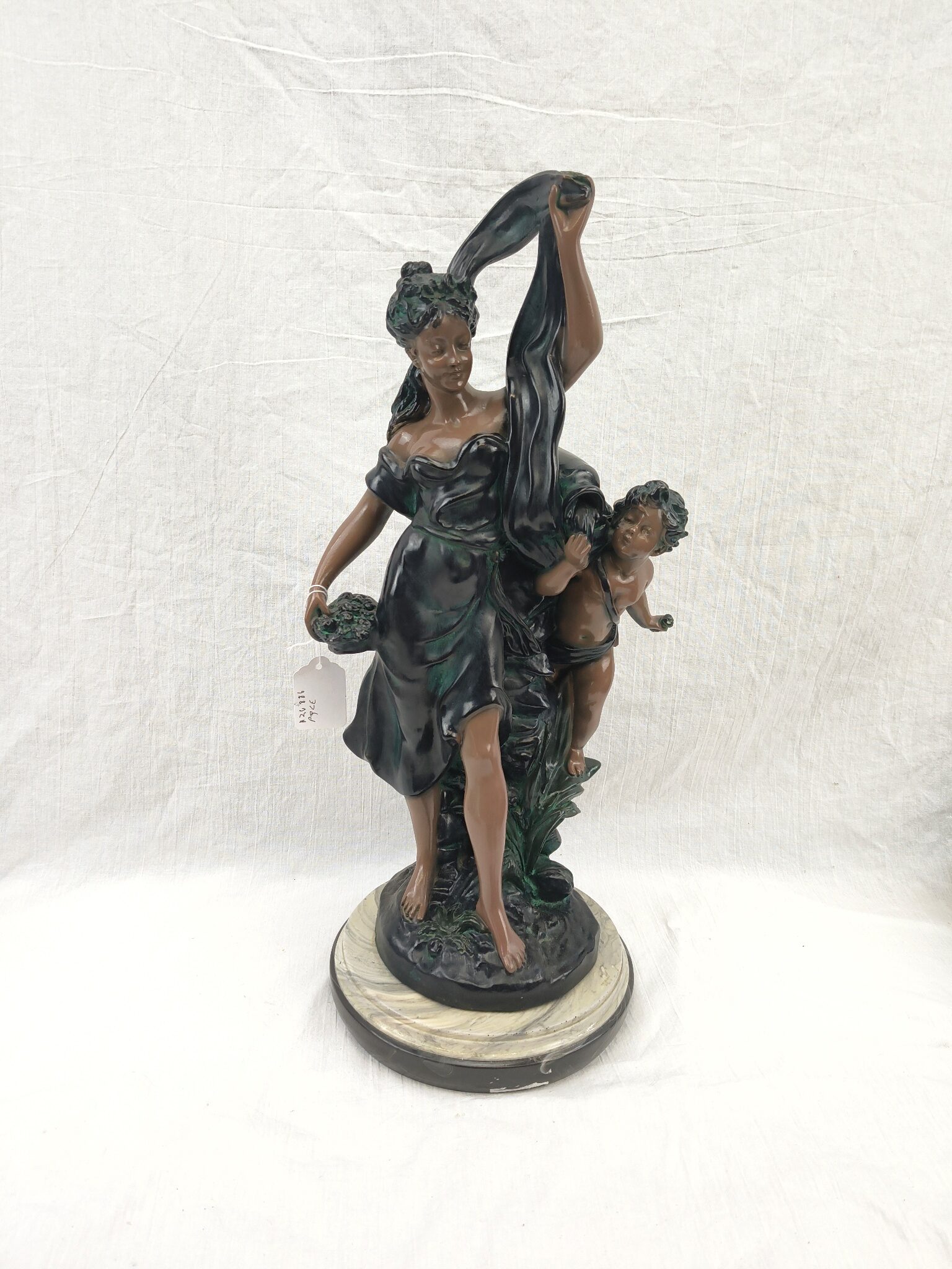 Edwardian Painted Spelter Lady And Cherub Group Statue On A Marble Base