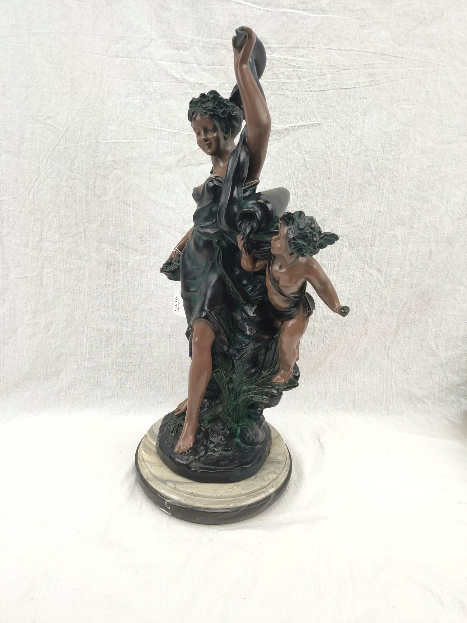 Edwardian Painted Spelter Lady And Cherub Group Statue On A Marble Base - Image 5