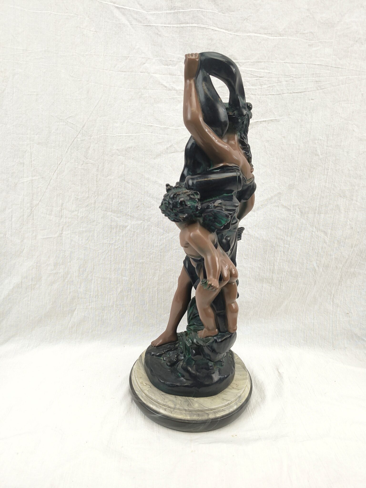Edwardian Painted Spelter Lady And Cherub Group Statue On A Marble Base - Image 3