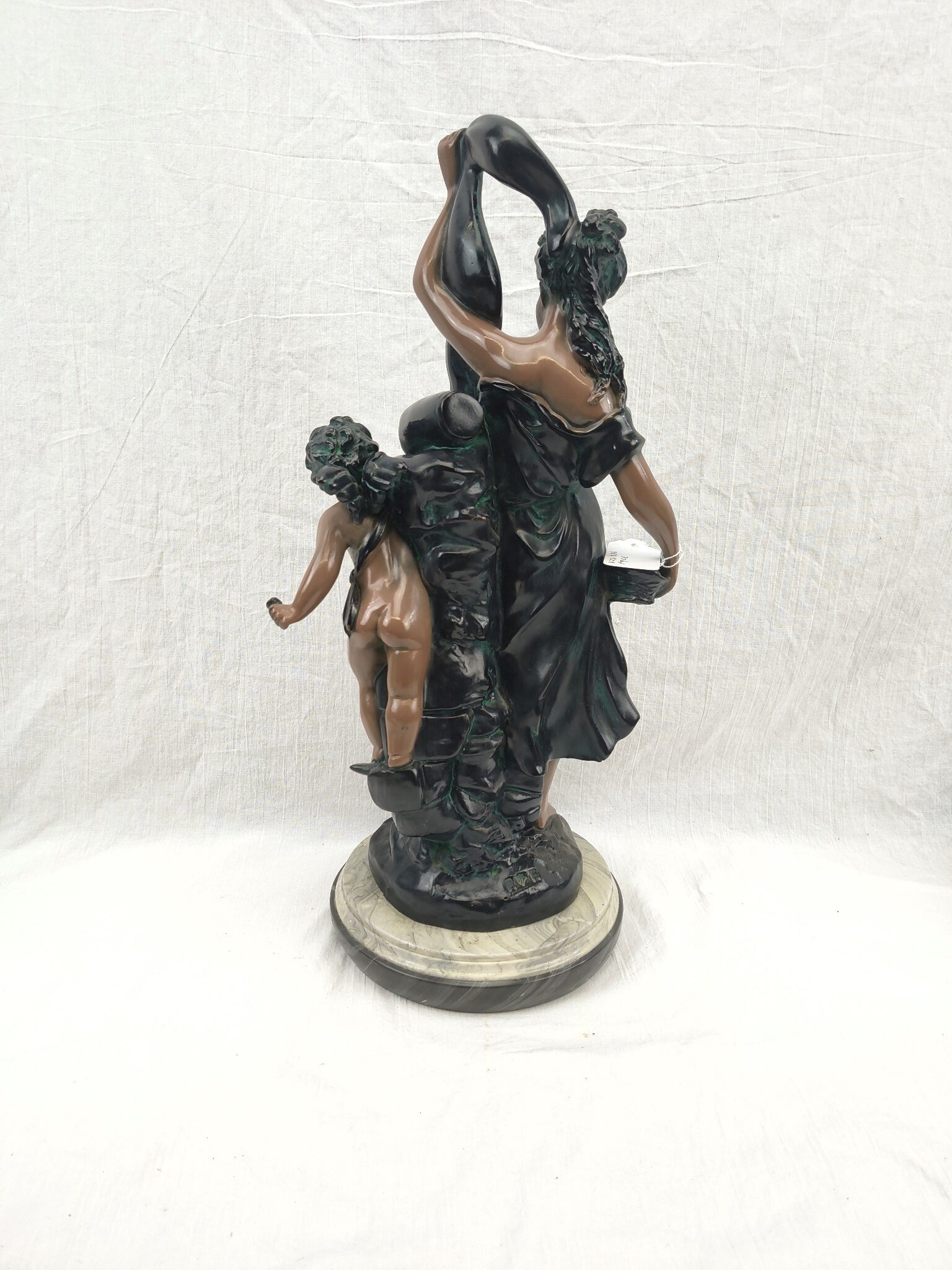 Edwardian Painted Spelter Lady And Cherub Group Statue On A Marble Base - Image 6