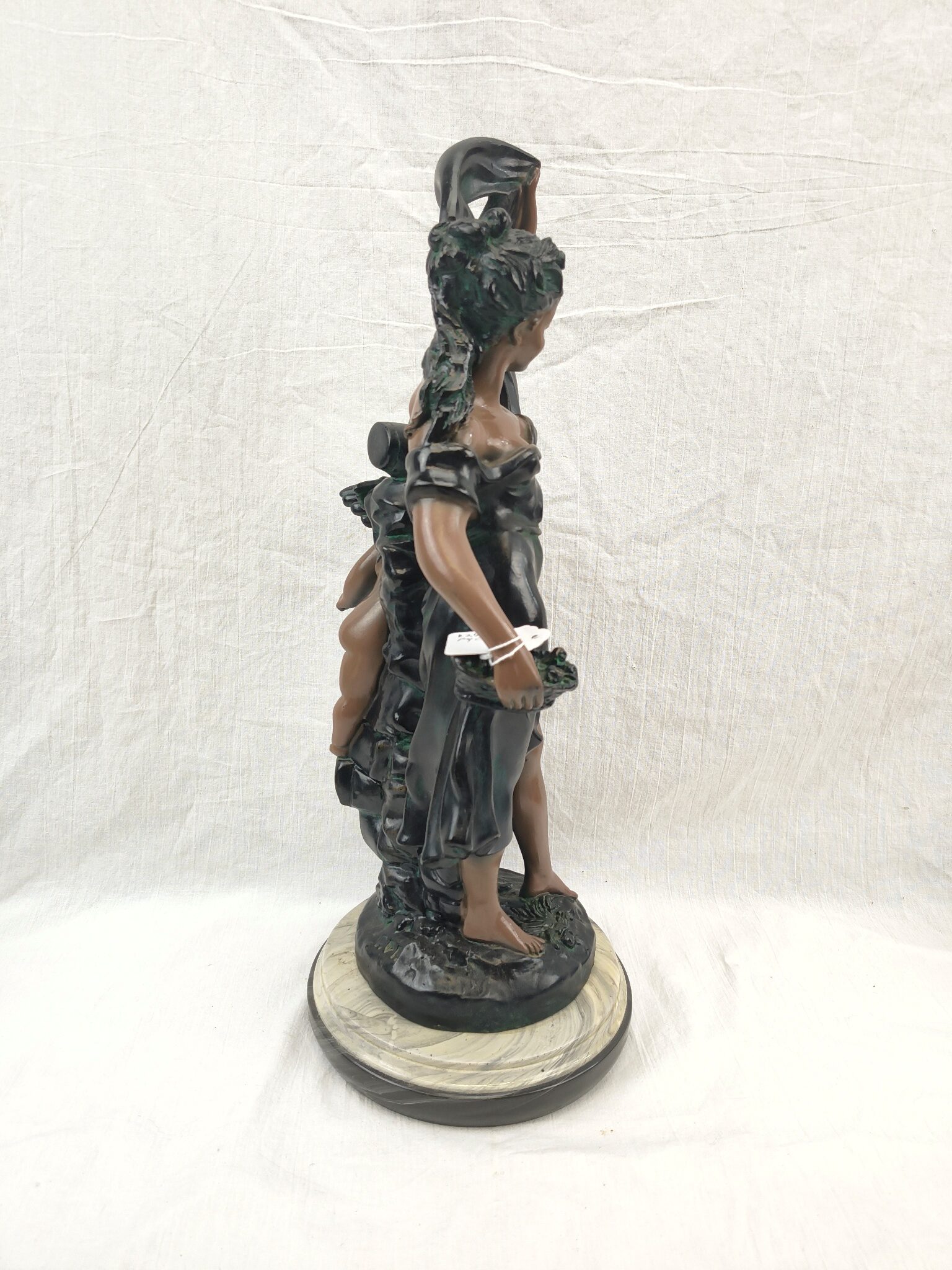 Edwardian Painted Spelter Lady And Cherub Group Statue On A Marble Base - Image 4