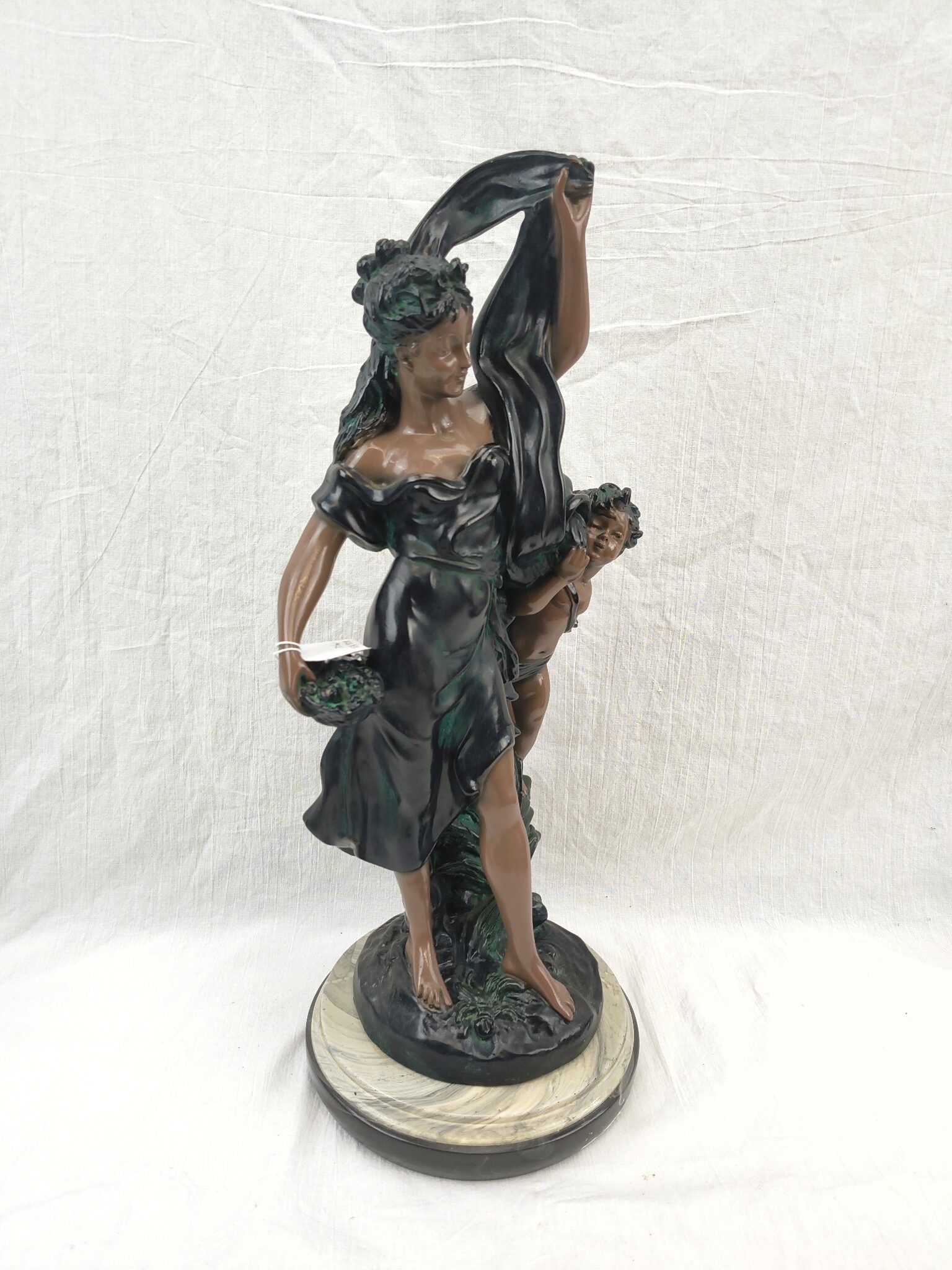 Edwardian Painted Spelter Lady And Cherub Group Statue On A Marble Base - Image 2