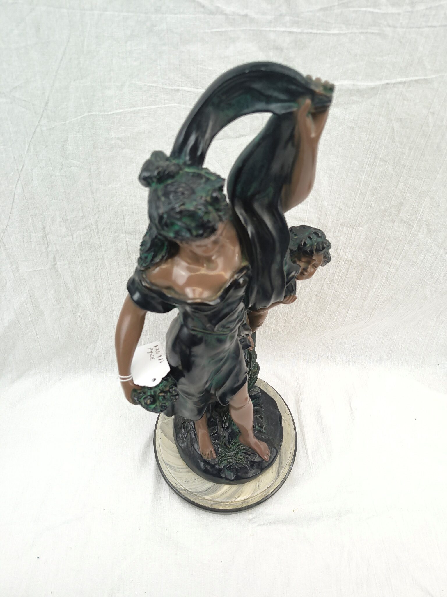 Edwardian Painted Spelter Lady And Cherub Group Statue On A Marble Base - Image 7