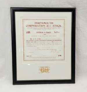 Framed 1932 Portsmouth Corporation 2¾ % £100 Stock Certificate