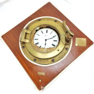 British, WW1, Salvaged Brass Ship’s Porthole Clock – SS Thames Blockship, Scapa Flow, Mounted Display