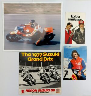 Barry Sheene MBE – Signed Suzuki Grand Prix Photograph, Two Autographed Photo Cards & 1977 Promotional Interview LP (4)