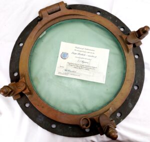 British, WW1, Large Brass Ship’s Porthole No. 9, salvaged from the torpedoed SS Kyarra, with Certificate of Authenticity