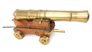 British, 18th Century, Solid Brass Naval Model Cannon on Wooden Truck Carriage with Brass Fittings