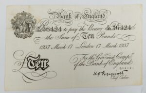 British, WW2-1937, Bank of England Ten Pounds White Note, Peppiatt Signature, K185 36424, Possible Operation Bernhard Forgery