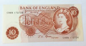 British, 1966–1970, Bank of England Ten Shillings Banknote, Fforde Signature  –  C98N 172726