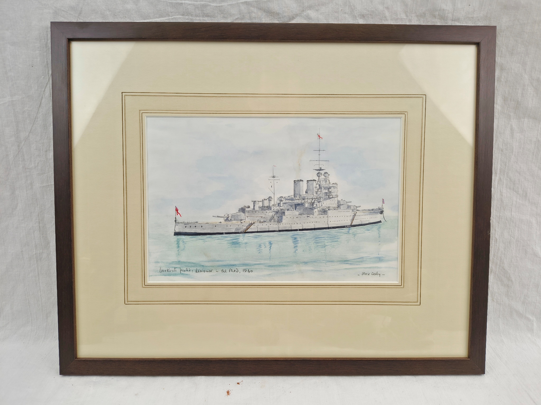 Contemporary Watercolour Of HMS Renown 1940 In The Med By Max Crosby