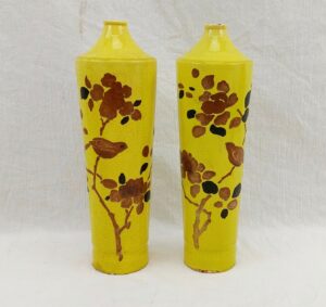 Pair Of 19th Century Meiji Period Japanese Awaji Pottery Yellow Bottle Vases