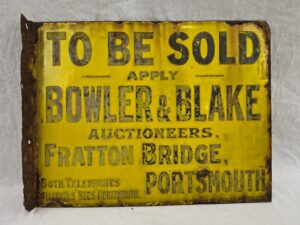 Vintage 1940s Bowler And Blake Auctionteers Portsmouth Enamel Advertising Sign