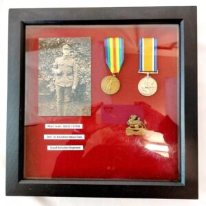 British, WW1, Framed Medal Pair - War Medal & Victory Medal, Private Albert Grant, Royal Berkshire Regiment & Labour Corps, with Photograph, Cap Badge & Extensive Service and Family Research