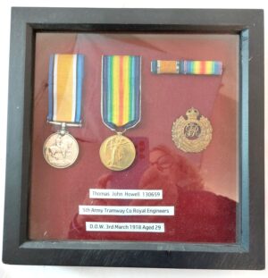 British, WW1, Framed Medal Group (War & Victory Medal) & Cap Badge, Lance Corporal Thomas John Howell, 5th Army Tramway Company, Royal Engineers (Died of Wounds, 1918), Plus Extensive Research