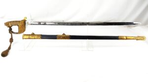 British, 1827 Pattern Royal Navy Officer’s Sword & Scabbard with Knot, King’s Crown, Thurkle-Named Blade
