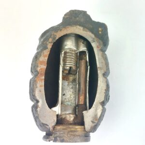 British, WW1- c. 1915, Mills No.5 Mk I Hand Grenade, Cutaway, with early Mills Munitions Co Patent-Marked Base Plug, Inert