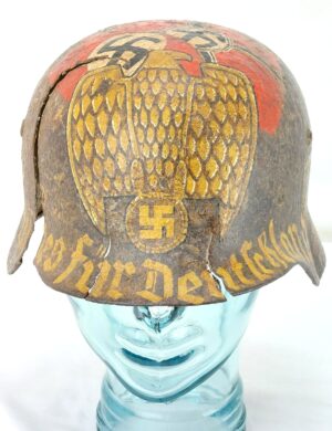 German, WWII, Beautifully Painted Battlefield Find M40 Double Decal Steel Helmet, Hand-Painted Eagle, Flags & “Alles für Deutschland” Slogan