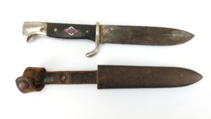 German, WW2: c.1933–1936, Hitler Youth (Hitlerjugend) Knife & Scabbard, by P.D. Lüneschloss, Solingen, “Blut und Ehre” Etched Blade, Scabbard Hanger by LFS Lederwerk Sedina (Fritz Schade)