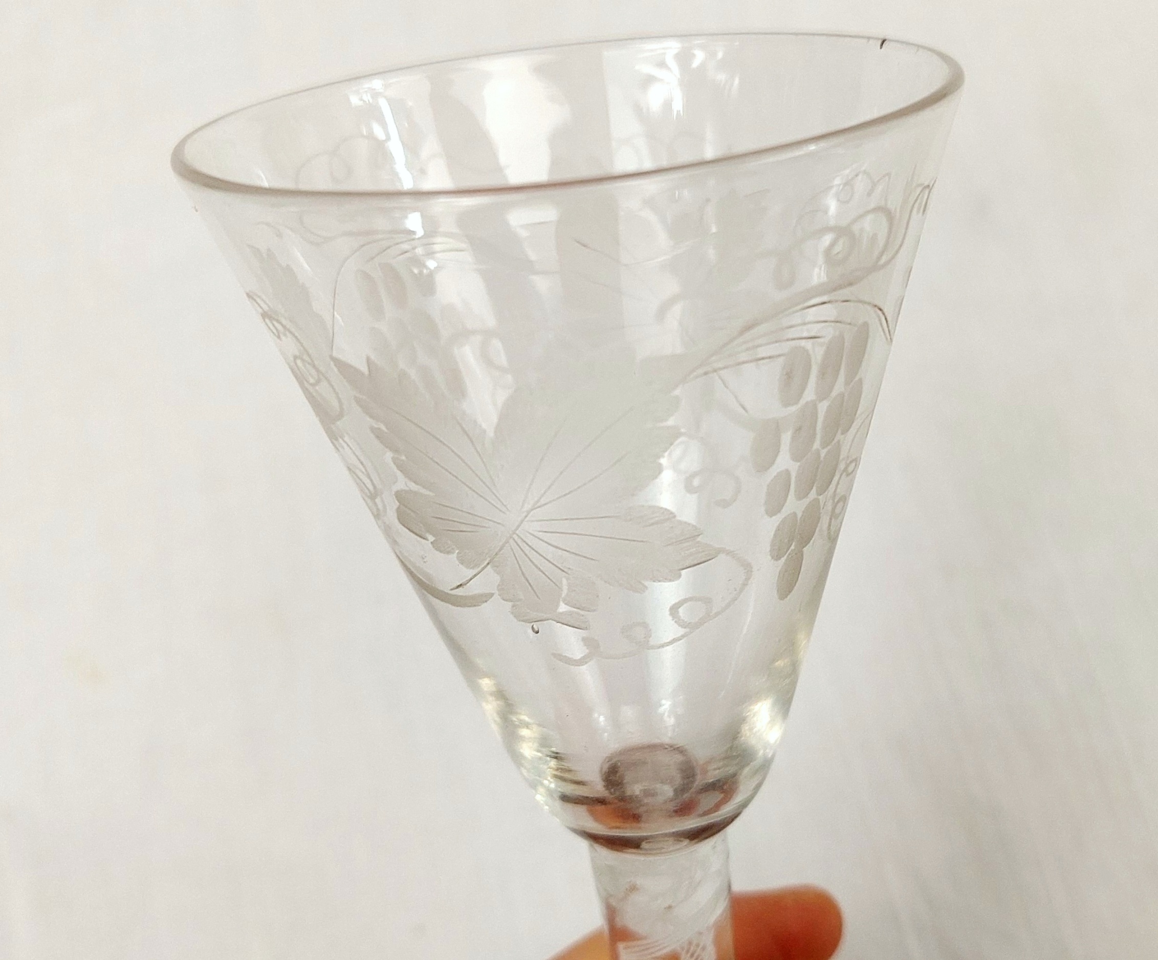 18th C Jacobite Opaque Air Twist Wine Glass With Grape And Vine Engraving #2 - Image 3