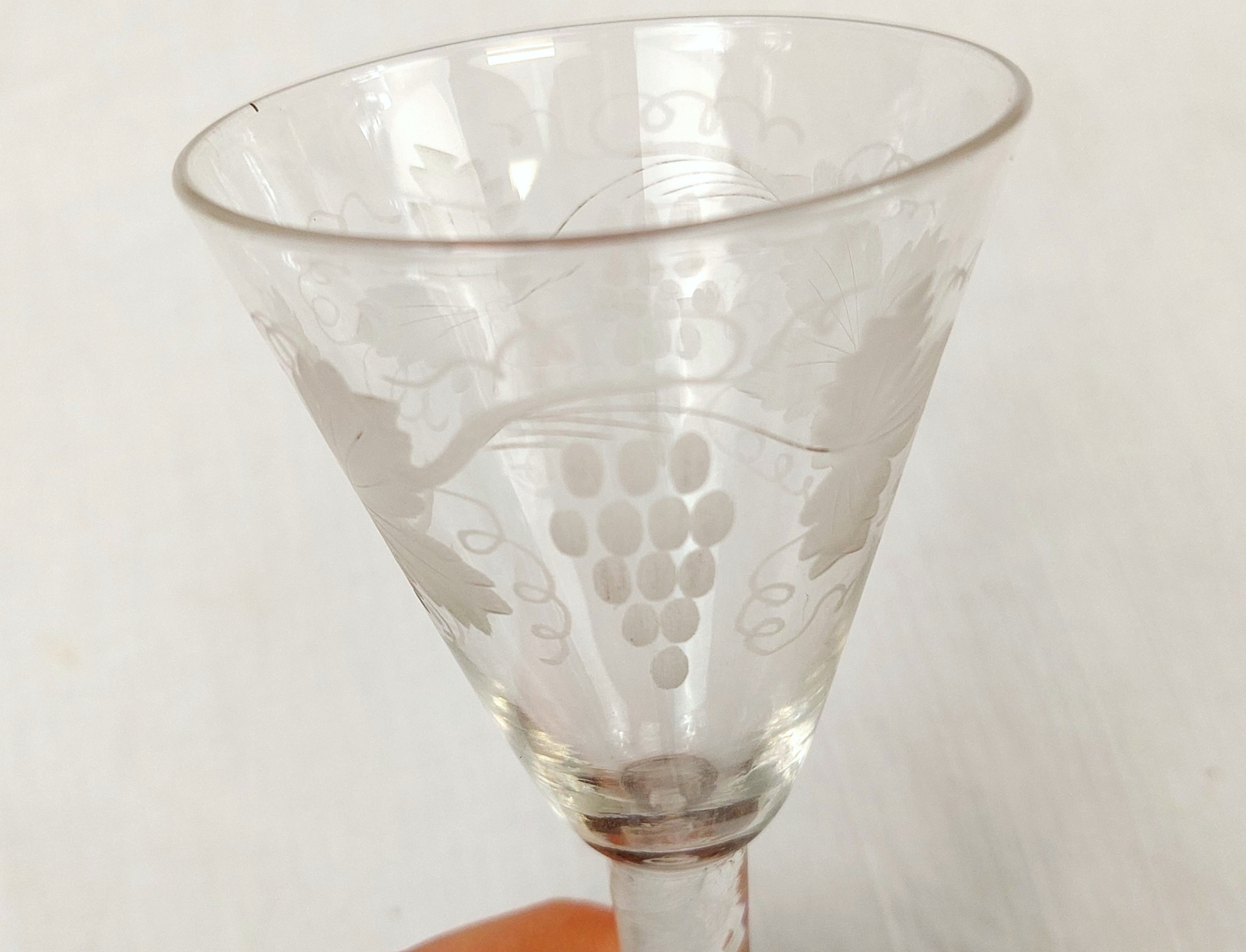 18th C Jacobite Opaque Air Twist Wine Glass With Grape And Vine Engraving #2 - Image 2