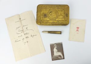 British, WW1-1914, Princess Mary Christmas Gift Fund Brass Tin – with Rare Buckingham Palace Letter, 1914 Christmas Card, Photograph & Bullet Pencil
