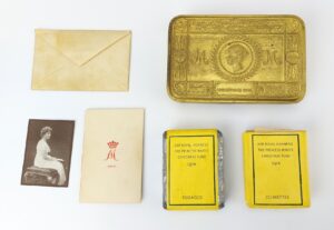 British, Ww1-1914, Princess Mary Christmas Gift Tin, with Original Envelope, Printed Christmas Greeting Card, Portrait Card, Unopened Tobacco Packet & Empty Cigarette Packet