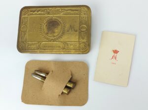 British, WW1-1914, Princess Mary Christmas Gift Tin, with 1915 Christmas Card & Original Bullet Pencil Card and Two Bullet Pencils