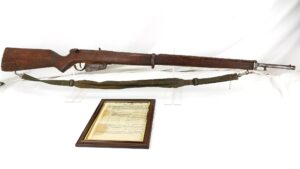 British, WWII, Home Guard Dummy Training Rifle with Named Proficiency Certificate – Private J. Higham, 50th Battalion Lancashire Home Guard