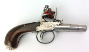 British, Early 19th Century, Double-Barrelled Boxlock Pocket Flintlock Pistol with Lion Mask Butt Cap, Obsolete Calibre