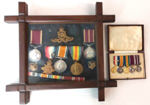 British, WWI, Mons Star & Meritorious Service Medal Group of Five – 30166 W.O. Cl.II (Battery Sergeant Major) F.C. Galpin, Royal Field Artillery – Framed Display & Miniatures
