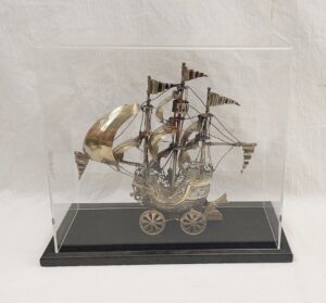 Cased 19th Century German Silver Wheeled Galleon Nef