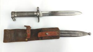 Swedish, Model 1896 Knife Bayonet, Eskilstuna Jernmanufactur AB, Scabbard by Erik Anton Berg AB & Leather Frog, I3 Life Regiment of Foot/Grenadiers (Livregementet till fot/grenadjärer)