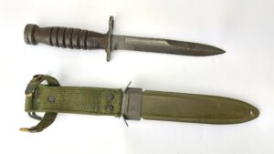 USA, WW2, M4 Bayonet Knife by Utica Cutlery Co., with Vietnam era M8A1 Scabbard by PWH (Pennsylvania Working Home for the Blind)