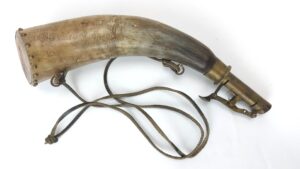 19th Century, Natural Horn Black Powder Flask with Brass Spring Charger and Leather Suspension Cord