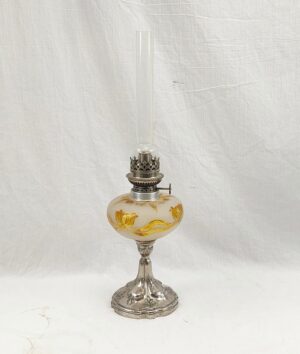 c1900 French Oil Lamp with Hand Painted & Frosted Font