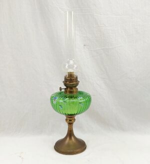 c1900 French Oil Lamp with Hand Painted Green Glass Font