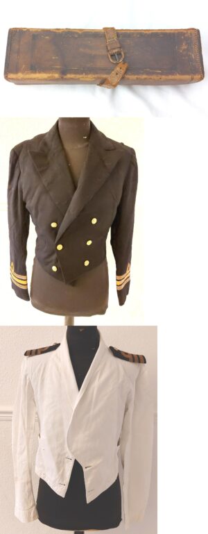 British 1953 Royal Navy Lieutenant Commander’s Mess Dress Uniform Group by Gieves Ltd, Named to J. Goldsmith RN, Mess Jacket, Tropical Mess Jacket, Epaulettes & Case