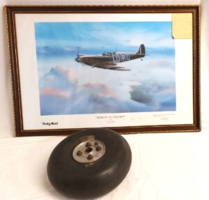British, c.2000, Framed Keith Hill Limited Edition Print “Tribute to the Few”, WW2 RAF Supermarine Spitfire of No. 602 Squadron (LO-Q), signed Wg Cdr P.P.C. “Paddy” Barthropp DFC AFC & Keith Hill, with RAF WWII Aircraft Tailwheel