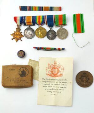 British, WWI & WWII, 1914–1945, Court-Mounted Full Career Group of Five – A/Cpl F. Harding, Military Foot Police (France 1915) Later Constable, Devon Constabulary; WWI 1914–15 Star Trio, Named 1937 Coronation Medal (Devon) & Defence Medal with Named OHMS Issue Box; with Devonshire Regiment Proficiency Medal & Comrades of the Great War Badge
