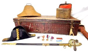 British, c.1915–1945, Royal Navy Officer’s Full Dress & Service Group to Lieutenant-Commander Percy Ashe RN (1901–1983), Named 1827 Pattern Naval Sword & Scabbard, Bicorn, Epaulettes, Medals, Trunk and Personal Effects